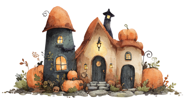 Halloween fairy house painted in watercolor, whimsical spooky design isolated on transparent background 
