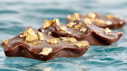 Luxurious dark chocolate pieces adorned with delicate gold flakes floating on shimmering blue water.