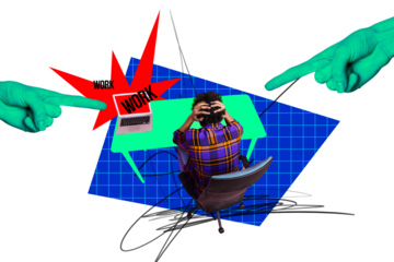 Composite trend artwork 3D sketch image photo collage of business hand gesture bossy task tension young guy cover head work display laptop