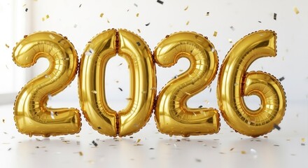 Four shiny golden foil balloons forming the year 2026 resting on a bright white surface surrounded by scattered metallic confetti