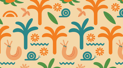 Playful tropical motif featuring whimsical snails, stylized palm trees, and cheerful flowers in a seamless repeat pattern suitable for vibrant textiles and eye-catching designs