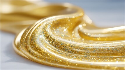 Luxurious Golden Glittery Liquid or Paint Swirl with Shimmering Particles, Bright and Festive.