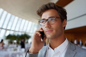 Young caucasian male professional talking on phone in modern office setting