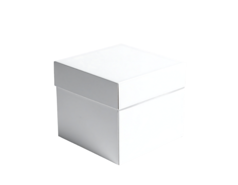 A pristine, blank, white square gift box with a slightly oversized lid, sits on a transparent background, showcasing its simple, elegant design