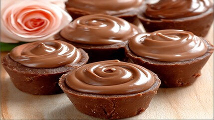 Delicious Mini Chocolate Tarts Topped with Cream, Served with a Romantic Pink Rose on a Wooden Background.