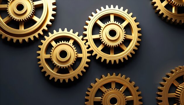 Gold Gears: Interlocking Cogs, Teamwork, Mechanism, Engineering | Complication Conceptual Photo.