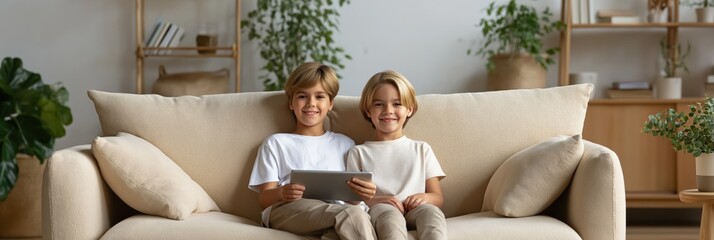 Smiling young caucasian boys relaxing on sofa with tablet in modern living room