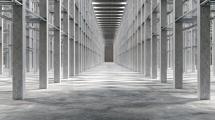 A vast, empty industrial hall with repeating rows of concrete pillars and a metal framework creating a long symmetrical perspective. Concept of brutalist architecture and industrial scale