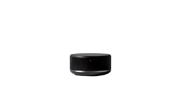 A sleek, black, cylindrical smart speaker with subtle light indicators rests on a dark background