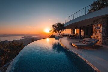 Fototapeta premium Luxury villa with infinity pool overlooking mountains during a vibrant sunset. Ideal for travel, real estate, or aspirational lifestyle marketing concepts.