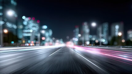 Naklejka premium Blurred Night Cityscape with Streaking Blue and White Lights on Road Asphalt Background, Urban Scene with Abstract Motion, Dynamic Illumination