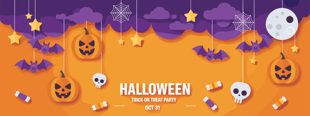 Halloween party illustration, pumpkins skulls bats candy spider webs full moon purple orange background, festive spooky design, trick or treat banner