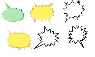 A collection of six hand-drawn spiky speech bubbles in various styles and colors, isolated on a white background.