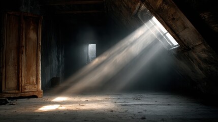 Creepy, dusty attic with light rays shining through the window. It is perfect for eerie backgrounds or haunted house concepts.
