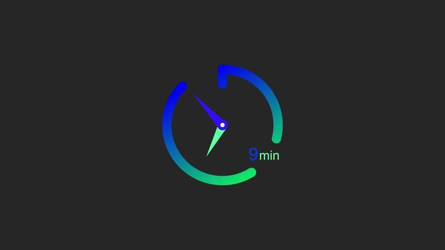 9 Minute Countdown Timer Animation. Stopwatch Clock icon with 9 minute Time Management on Black Background. Alpha Channel.