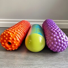 Three massage rollers for myofascial release on a gray surface against a gray and white background indoors