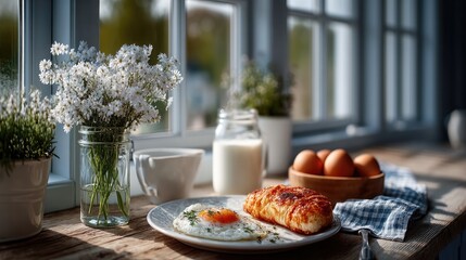 Breakfast Still Life with Fried Egg and White Flowers by Window on Sunny Morning
