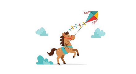 Fototapeta premium A whimsical illustration of a brown horse joyfully flying a colorful kite in a bright blue sky with fluffy clouds.