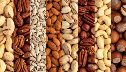 Vibrant high-angle close-up mosaic of natural nuts and seeds. Showcasing diverse textures and appealing colors, ideal for culinary, snack, and healthy eating concepts