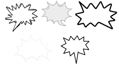 A collection of five comic book style speech bubbles with jagged edges, some filled with light gray and others outlined in black on a white background.