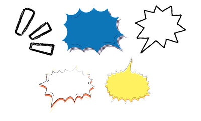 A collection of various comic-style speech bubbles and impact lines in different shapes and colors, isolated on a white background.