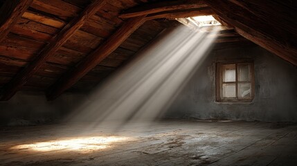 Sunlight streams into a dusty attic through a window and skylight. Use this for concepts about hope, faith, or the passage of time.