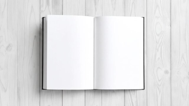 Open Book Mockup on White Wooden Surface Revealing Blank Spread With Black Border Perfect for Layouts and Creative Designs Flat Lay