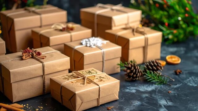 Christmas Gift Boxes Wrapped in Brown Paper Tied With String Displayed on Dark Blue Background with Pine Cones and Greenery in Festive Arrangement