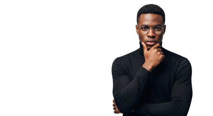 A young black man, late 20s, in a black turtleneck and round eyeglasses, crosses arms thoughtfully against a light grey studio background with copy space, concept of intellectual professionalism