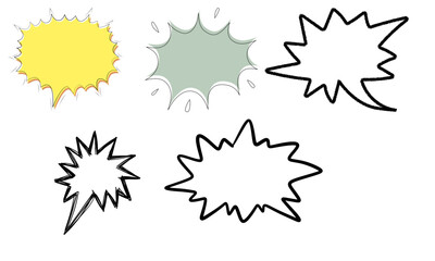Illustration of five speech bubbles with jagged edges in various styles.