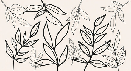 Minimal Botanical Line Art Background with Abstract Leaves and Stems