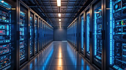 Modern high tech data server room with glowing blue lights and endless rows of equipment. Concept of digital technology and cybersecurity - Powered by Adobe