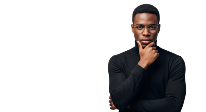 A young black man, late 20s, in a black turtleneck and round eyeglasses, crosses arms thoughtfully against a light grey studio background with copy space, concept of intellectual professionalism