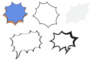 A collection of five comic book style speech and thought bubbles, with one colored blue and orange, and the others in white and black outlines.