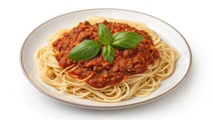 Delicious plate of spaghetti with rich tomato meat sauce and fresh basil garnish