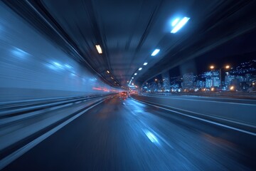 Night highway tunnel with blurry lights, city skyline in the distance. Show the speed of transportation, modern life, or urban development.