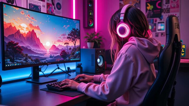 Young gamer girl with pink headphones playing computer game at desk in neon room with colorful monitors. Concept of modern gaming lifestyle