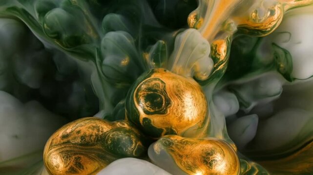 Abstract halloween fluid art background with green, gold and misty white palette, magical potion vibe, slow motion loop. Concept of mystical festive design