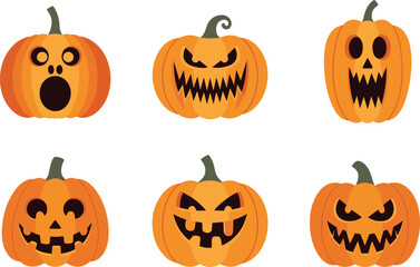 Halloween pumpkin illustration, six cartoon jack-o'-lanterns with scary and playful expressions, festive spooky design, vector clipart artwork
