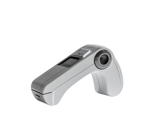 Sleek, handheld device with a small screen, lens, and ergonomic grip, possibly for scanning or measurement