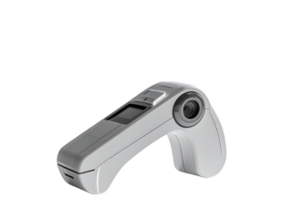 Sleek, handheld device with a small screen, lens, and ergonomic grip, possibly for scanning or measurement