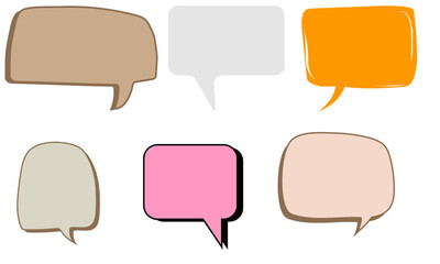 A collection of six diverse speech bubbles in various shapes and colors, isolated on a white background.