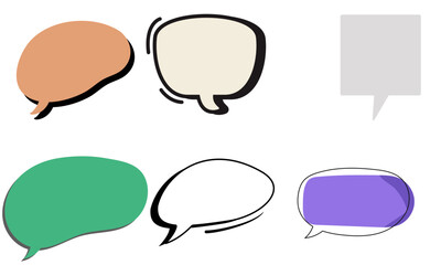 A collection of six diverse speech bubble icons in various shapes, colors, and styles, isolated on a white background.