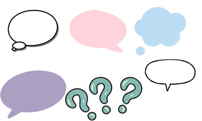 A collection of diverse speech and thought bubbles in various styles and colors, accompanied by three question marks.
