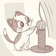 Adorable cartoon kitten playfully reaching for a ball of yarn on a scratching post