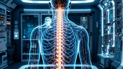 Futuristic holographic medical scan of human spine glowing in blue tones in dark clinical room. Concept of health technology and diagnostics