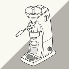 Detailed line art illustration of a modern electric coffee grinder with a hopper and a cup for ground coffee