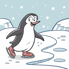 Happy cartoon penguin wearing ice skates and gliding across a frozen icy landscape with falling snow