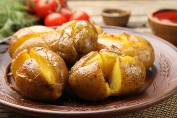 Tasty baked potatoes with ground black pepper on table, closeup