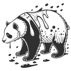 Stylized black and white illustration of a panda bear with dripping ink or paint on its body